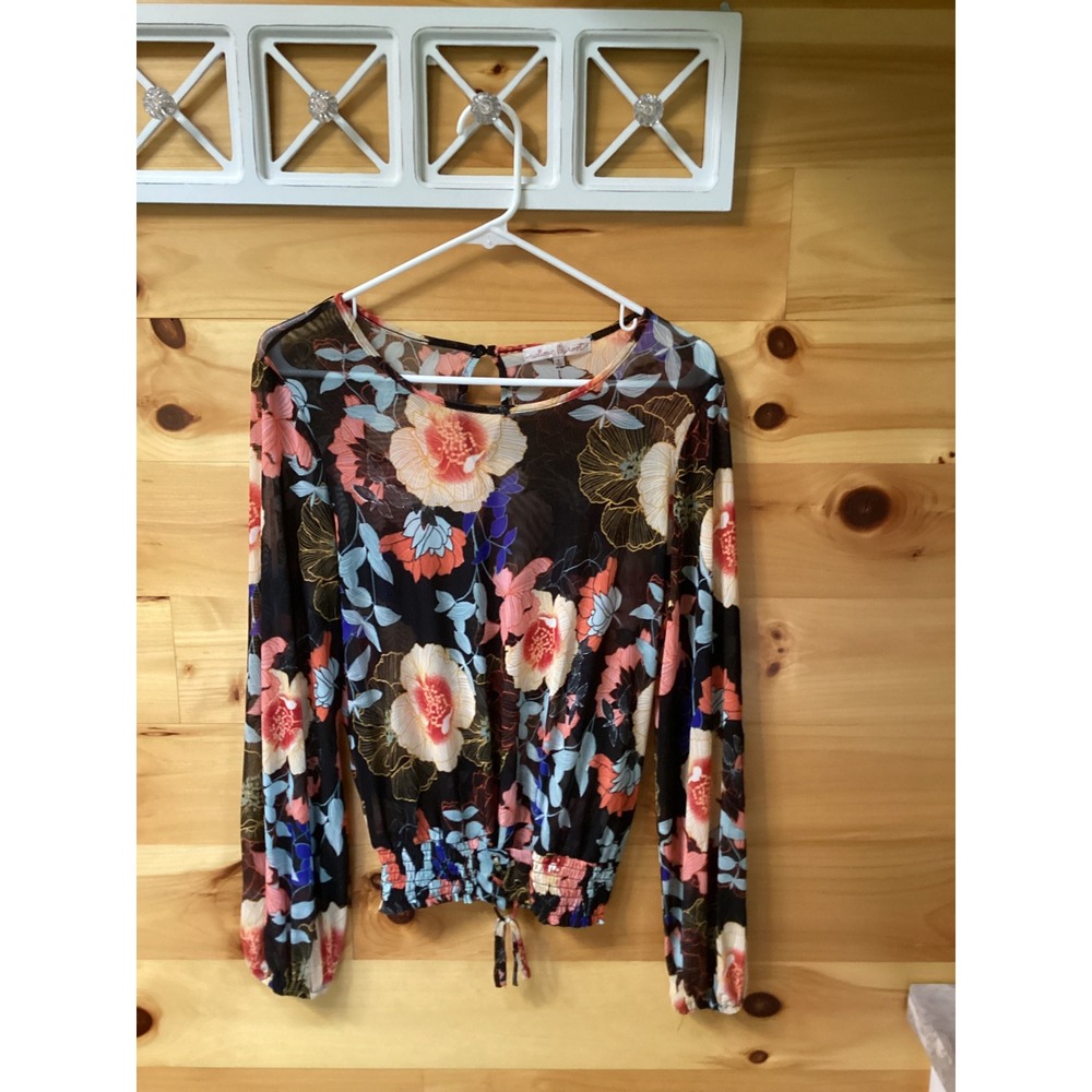 Willow & Root Floral Mesh Long Sleeve Smocked Blouse Black Small